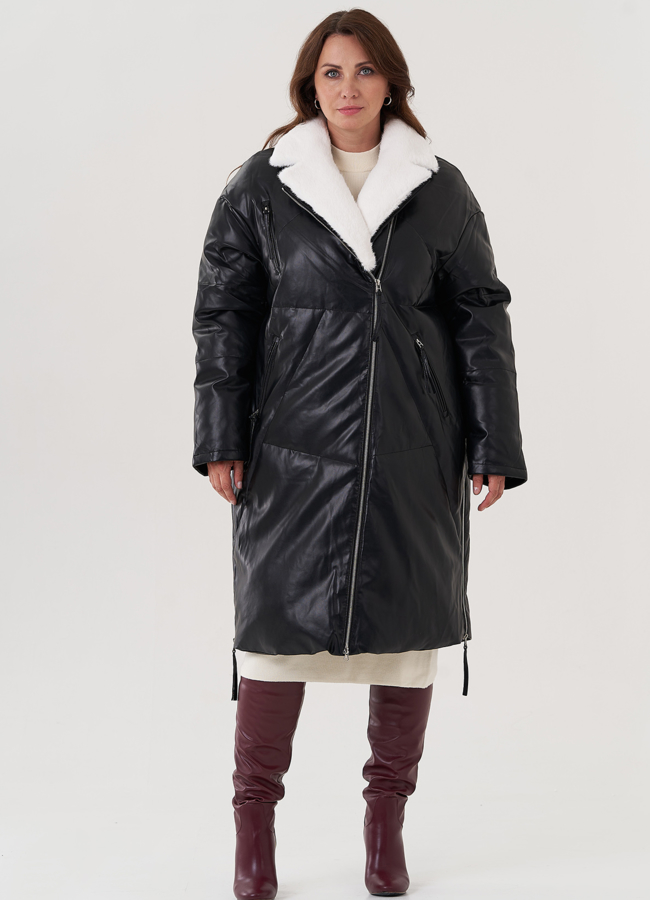фото Пуховик женский из эко кожи с английским воротником модель № 25466