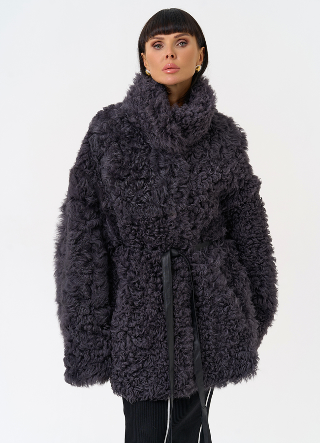 Женская двухсторонняя дубленка с декоративным поясом модель № 31617 меха малина