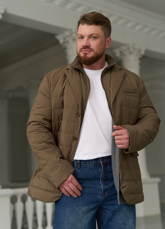 Мужской пуховик со съемной манишкой модель № 31461 меха малина фото