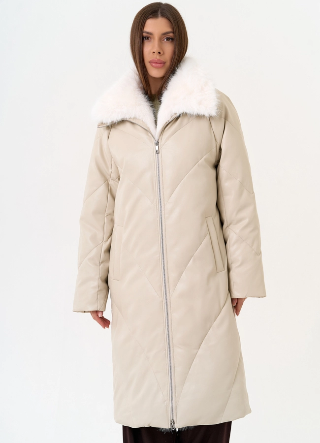 Женский пуховик из эко кожи с отделкой из эко меха модель № 30714 в рассрочку