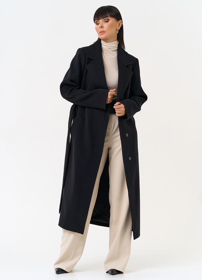 фото Женское пальто черного цвета с поясом модель № 31560