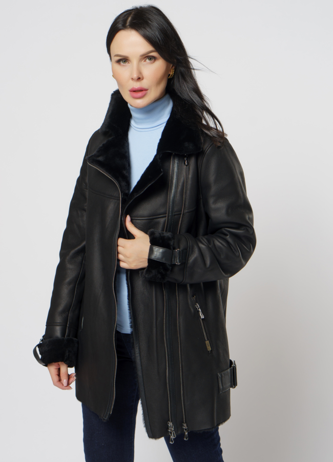 Удлиненная дубленка из овчины черного цвета модель № 5916 в рассрочку