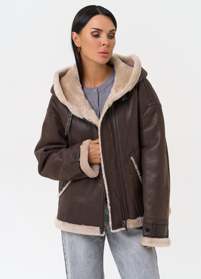 Натуральная дубленка с капюшоном модель № 31358 универмаг малина