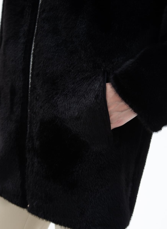 Женская двухсторонняя дубленка из эко кожи с капюшоном