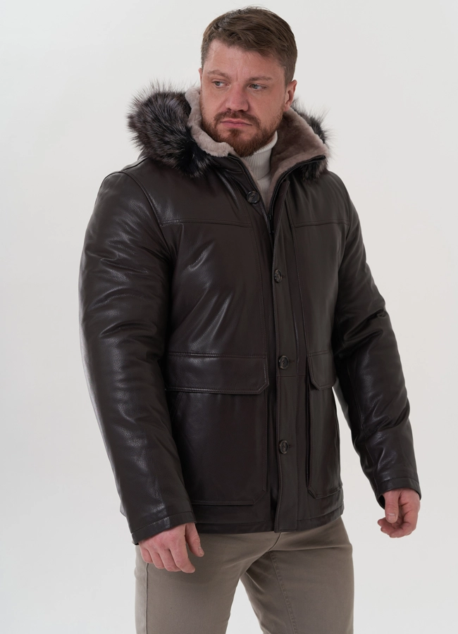 фото Пуховик из натуральной кожи с капюшоном модель № 26230