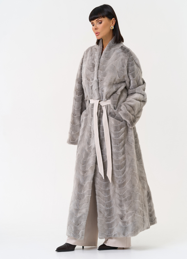 Длинная шуба из меха норки с поясом модель № 31295 универмаг малина