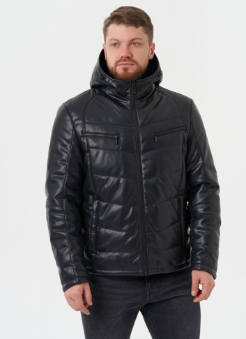 Утепленная куртка из эко кожи с капюшоном