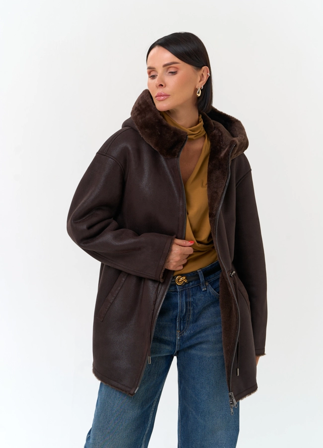 Женская дубленка из эко замши модель № 33902 универмаг малина