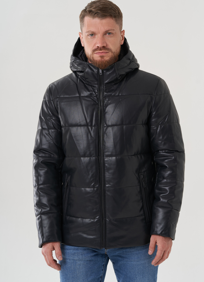 Пуховик мужской из эко кожи с капюшоном  модель № 81843 меха малина