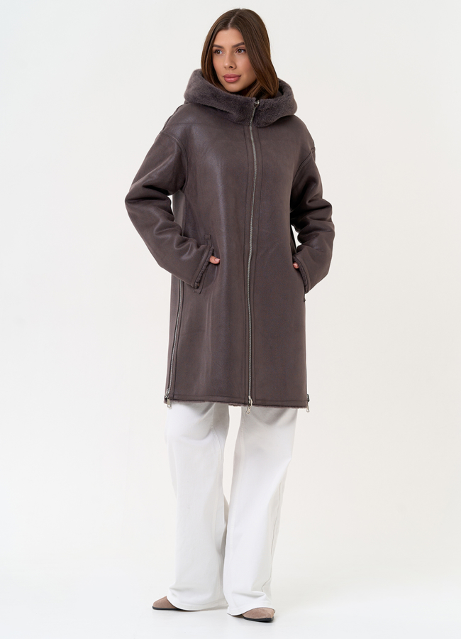 Женская двухсторонняя дубленка из эко замши с капюшоном модель № 31435 универмаг малина