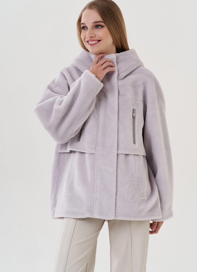 Полупальто женское с капюшоном модель № 25687 меха малина