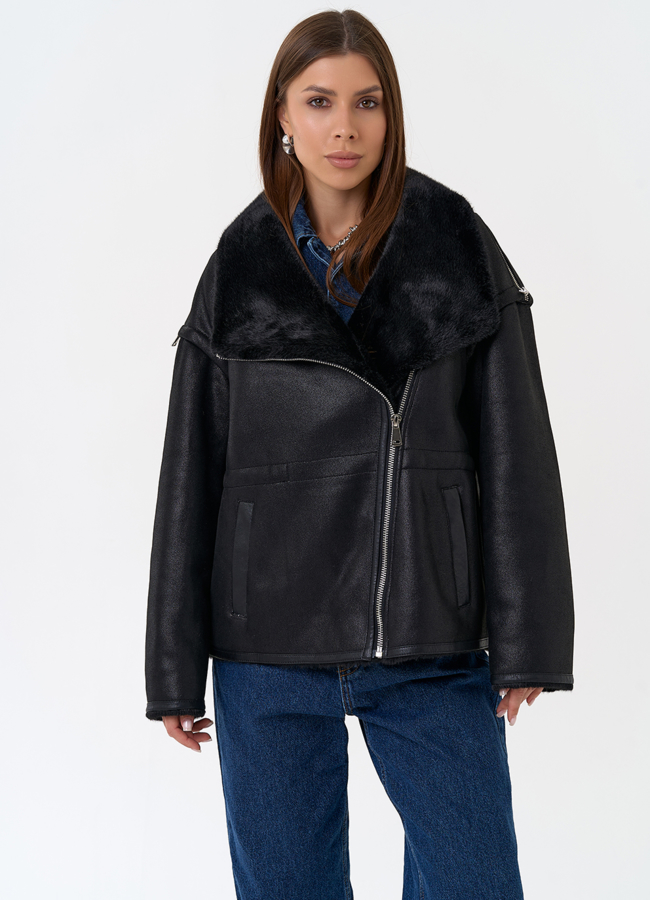 Женская дубленка из эко замши в черном цвете модель № 31433 в кредит