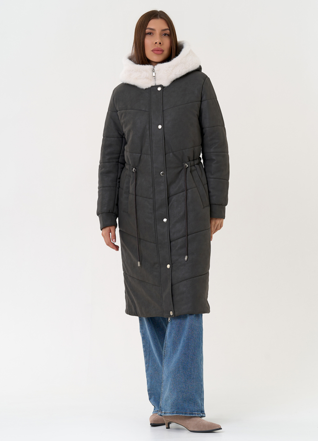 Женское пальто из эко кожи с капюшоном модель № 30731 меха малина