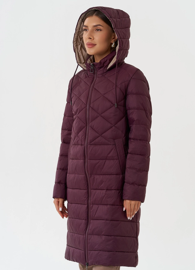 Стеганый пуховик бордового цвета с капюшоном модель № 28294 универмаг малина