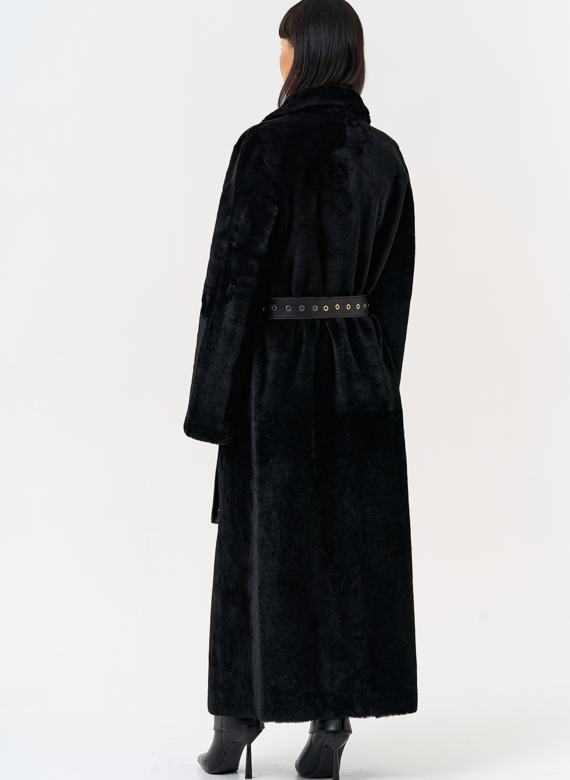 Женская натуральная дубленка с двойным поясом