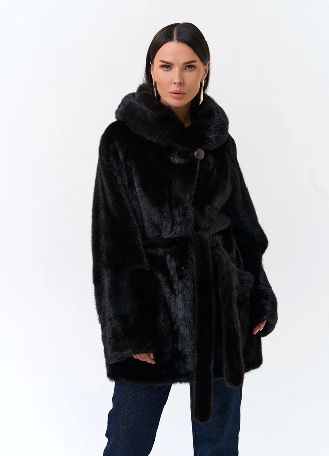 Шуба из меха норки с капюшоном модель № 33697 меха малина