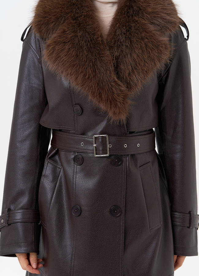 Женское утепленное пальто из экокожи с воротником из эко меха модель № 30704 универмаг малина