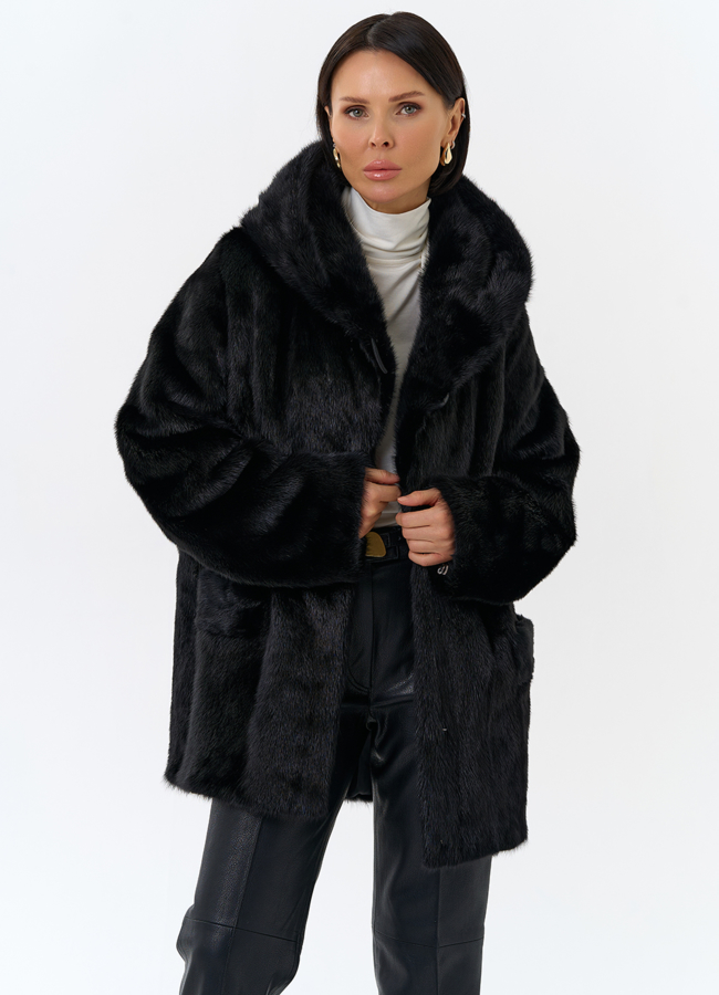 Шуба из меха норки с капюшоном модель № 29104 меха малина