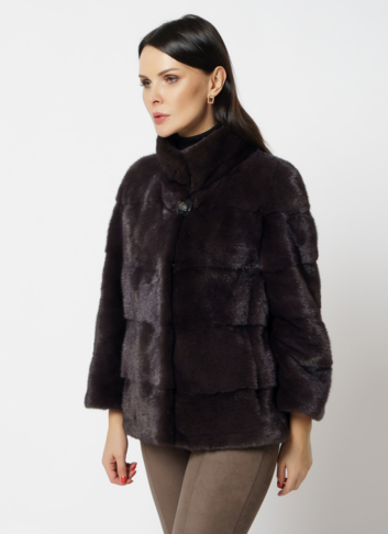 Норковая шуба с воротником стойкой коричневого цвета