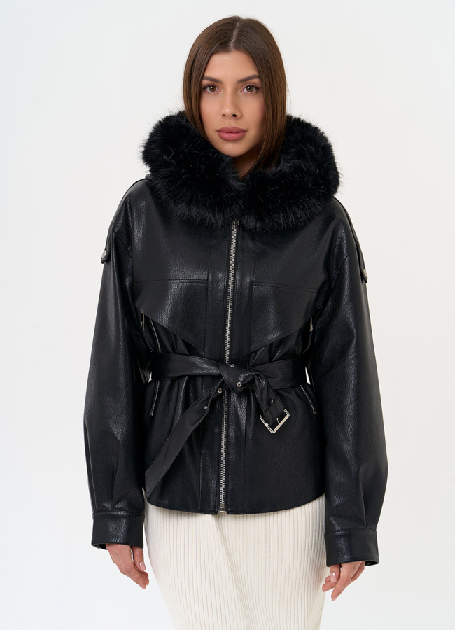 Женская утепленная куртка из эко кожи с поясом модель № 31494 меха малина