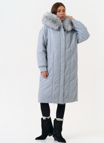 Женский пуховик из эко кожи с отделкой из эко меха