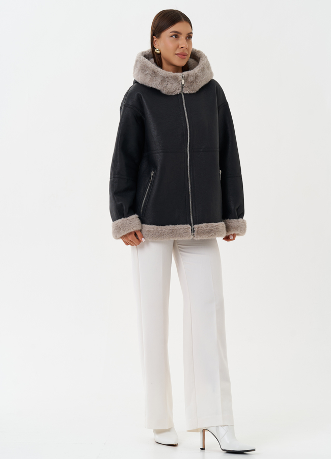 Женская эко дубленка с капюшоном модель № 27760 в кредит