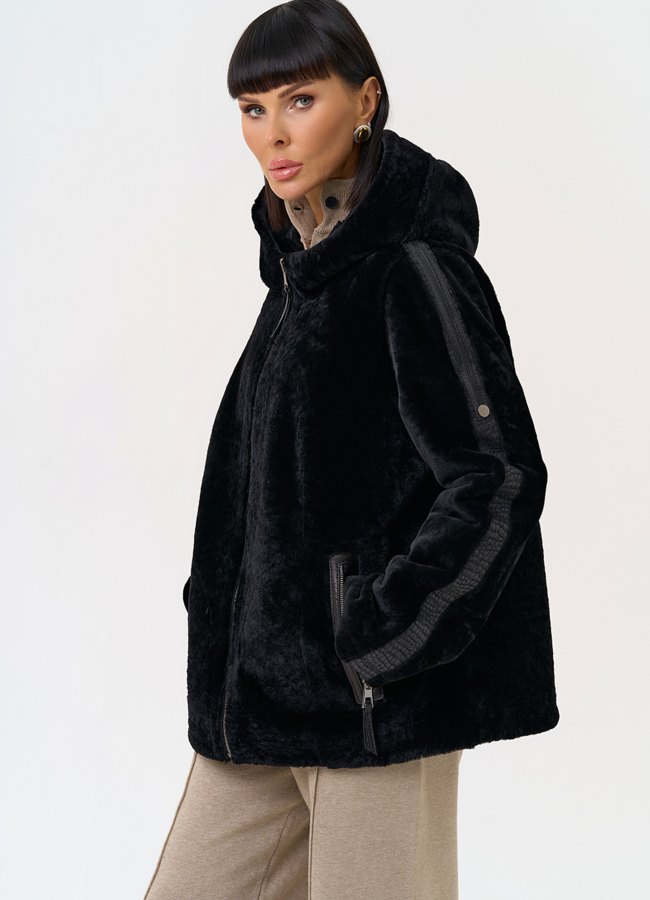 Женская двухсторонняя дубленка с капюшоном модель № 31482 меха малина