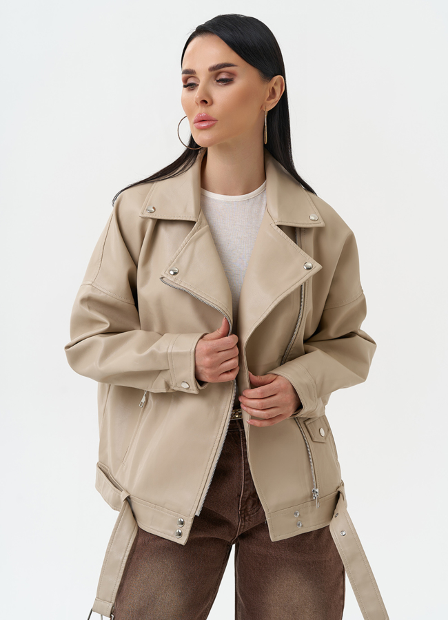 Женская куртка косуха из эко кожи модель № 30294 меха малина