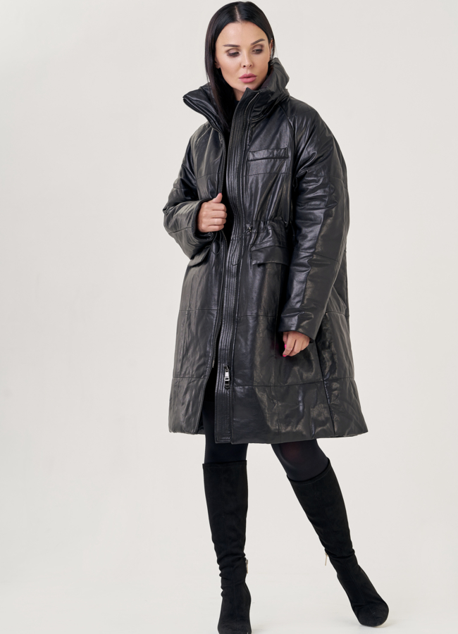Кожаный пуховик с капюшоном черного цвета  модель № 23265 универмаг малина